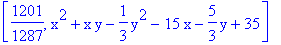 [1201/1287, x^2+x*y-1/3*y^2-15*x-5/3*y+35]